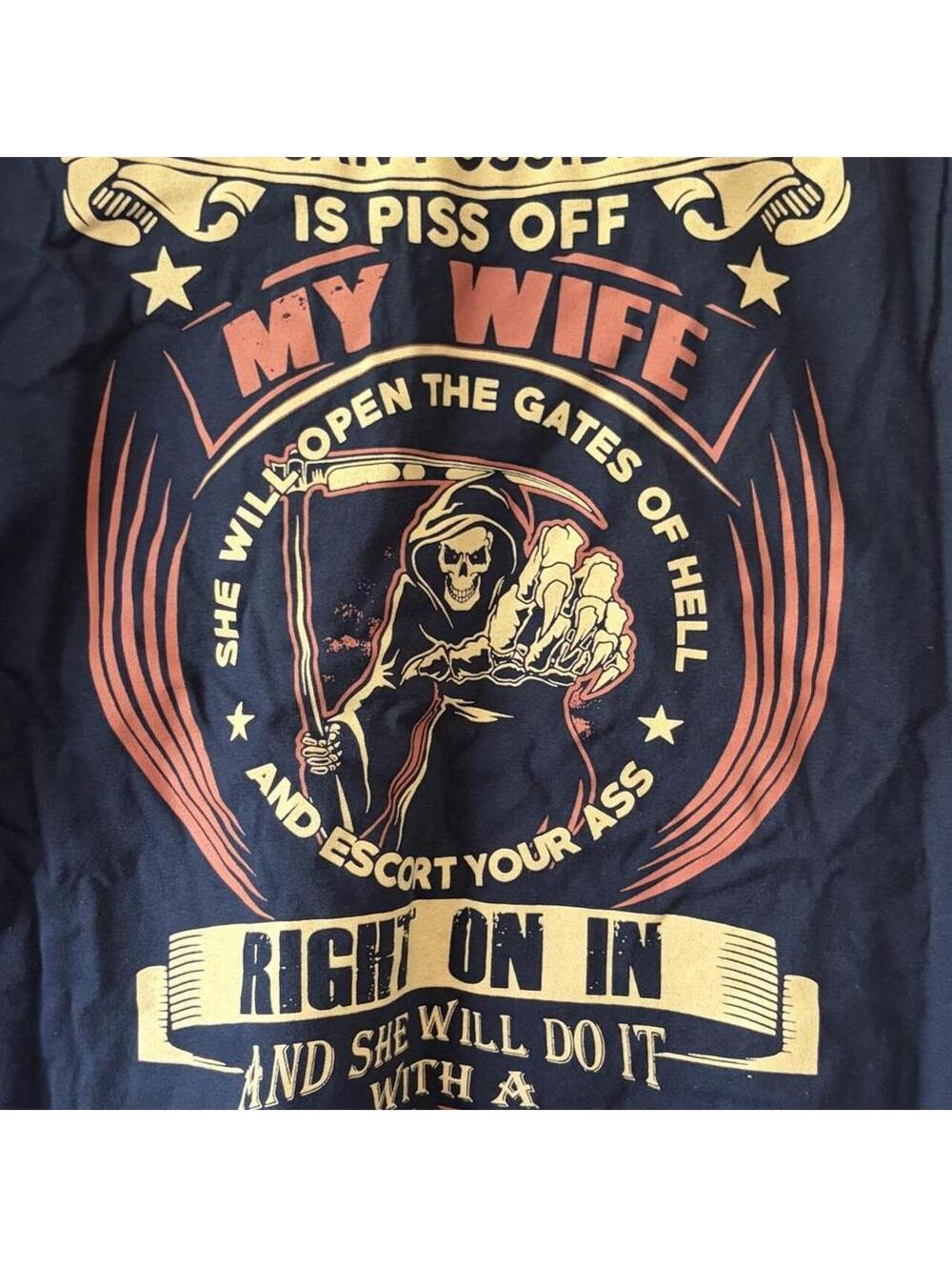 Gildan Ultra Cotton Funny Tee with graphic grim reaper holding a gun with text L